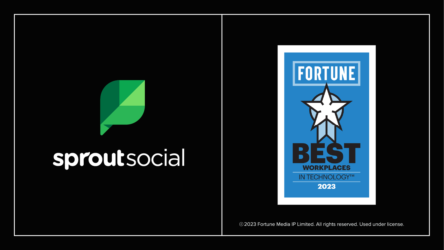 An image of the Sprout Social logo and the 2023 Fortune Best Workplaces in Technology logo side-by-side.