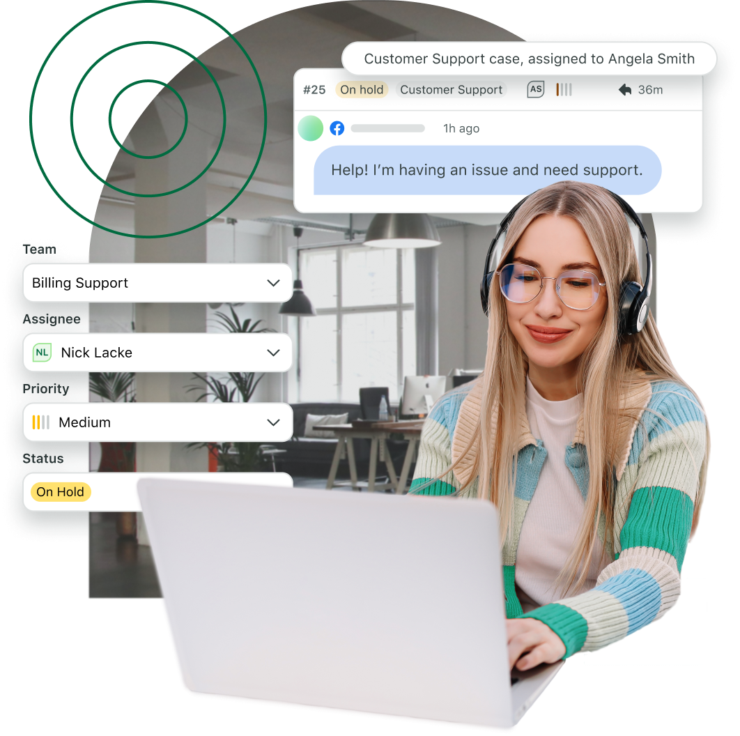 Customer service agent smiles while accessing details within a Sprout customer support case, including the customer message, case status, priority, assignee and team name. 