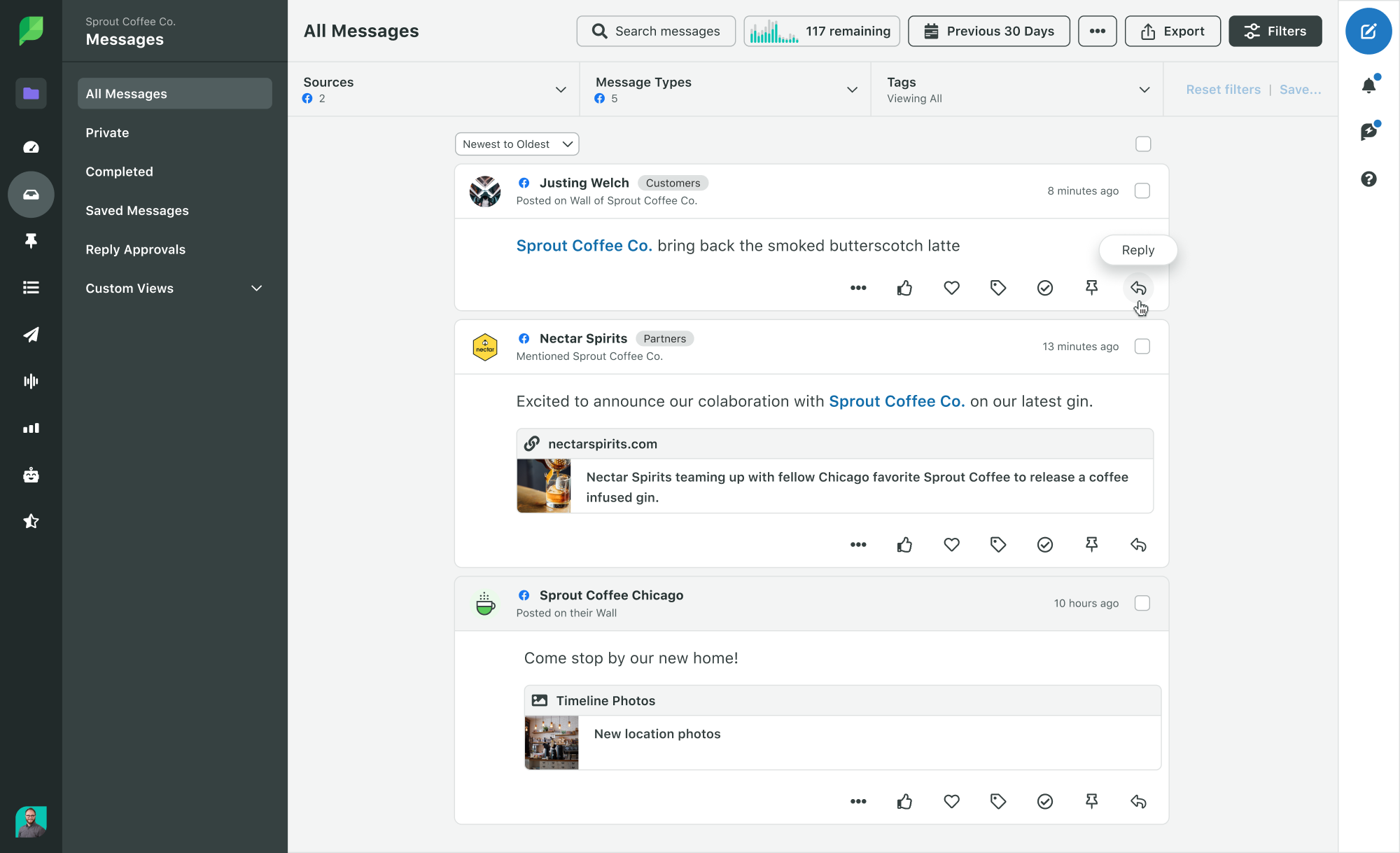 Immagine del prodotto Smart Inbox per il coinvolgimento di Sprout Social con i filtri Facebook selezionati e riquadro di risposta